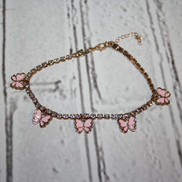 Beautiful gold, rhinestone and butterfly charm ankle bracelet 9-11" - Picture 1 of 4